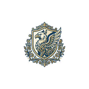 Royal Griffin Shield Logo with Ornamental Heraldic Crest, Elegant Mythical Eagle Lion Emblem, Luxury Vintage Vector Coat of Arms Design