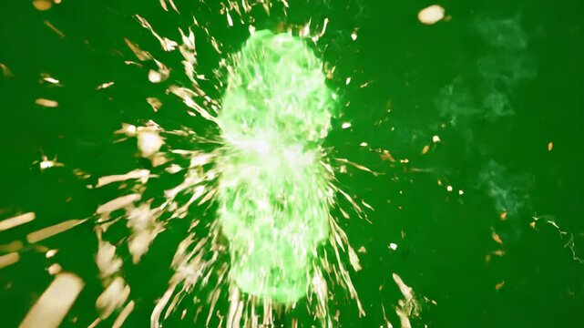 Glowing green energy ring rotating and emitting bright sparks on a chroma key green screen background for visual effects