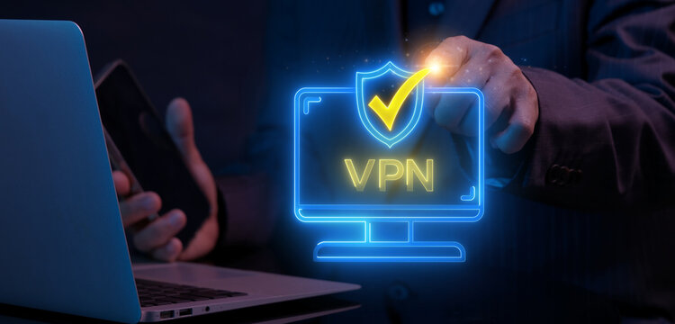 Shot of businessman's finger touching glowing screen showing VPN text inside security shield with yellow checkmark icon. Cyber neon light, secured network connection and data encryption concept.