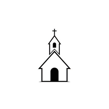 Simple black and white line art icon of a small church building with a tall cross isolated on transparent background