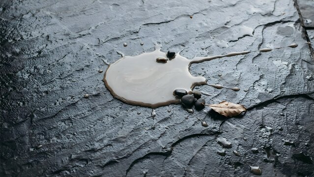 Close-up of wet blackstone surface with spilled cream, stones, and leaf
