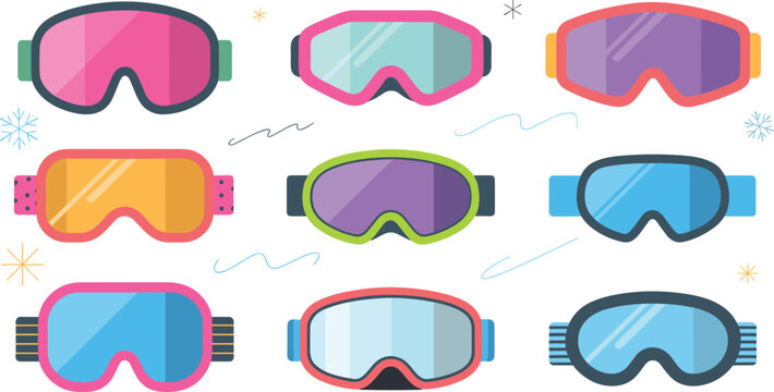 Ski Goggles Collection Vector Set with Colorful Snow Goggles, Winter Sports Eyewear, Protective Snowboard Glasses, and Outdoor Gear Isolated on White