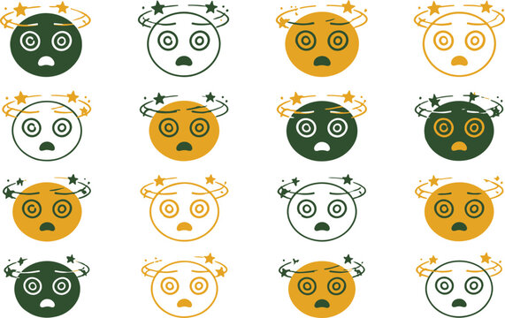 Multiple dizzy faces with stars circling their heads express confusion and disorientation.