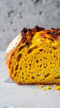Turmeric sourdough bread loaf being sliced with knife on marble table in bright natural light