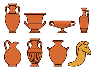 Ancient Greek Pottery Icon Set: Terracotta Amphorae and Rhyton Vectors © Bianca