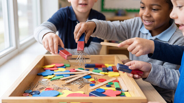 Students work together using magnetic wands to organize colorful metal shapes and clips on a wooden tray during a focused classroom activity session.