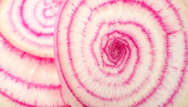 Macro of chioggia beet slices with pink and white ring pattern