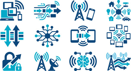 Fototapeta premium Wireless Network and Smart Technology Icon Collection with Internet Data Transfer Symbols for Digital Communication Graphic Design Projects