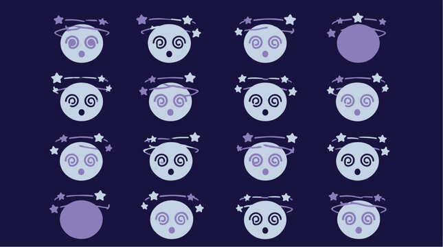 Multiple cartoon faces with swirling eyes and stars indicating dizziness or confusion.