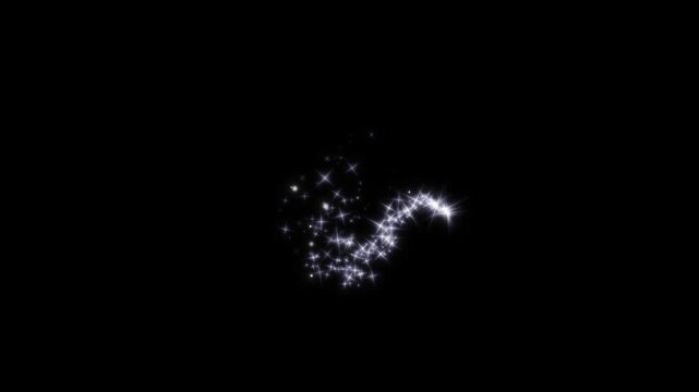 sparkle star light swirl animation, with shimmering pixie dust, floating glitter particles, bright celestial trail, magical glow effect, festive overlay effect on black screen background. 4k video