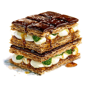 Dessert - Mille feuille watercolor isolation on transparent illustration.