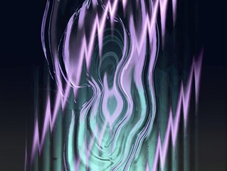 Obraz premium Vertical teal and purple streaks form an abstract ripple pattern against a dark background. Translucent curved bands and jagged violet light waves create a