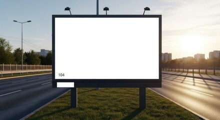 Obraz premium Empty billboard on highway at sunset with city backdrop.