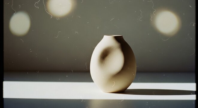 Minimalist white ceramic vase on dark surface with bokeh lights.
