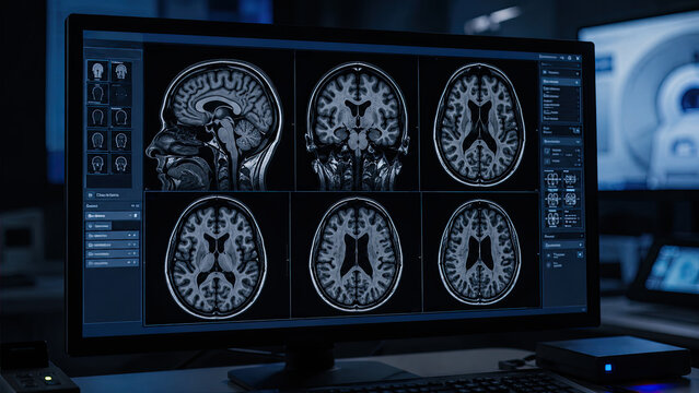 Close-up of a radiology monitor displaying a brain MRI scan with cross-sectional views. Dementia diagnostic imaging concept.