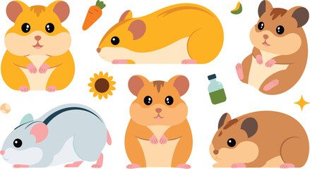 Hamster Collection Vector Set with Cute Pet Hamsters, Mouse, Carrot, Sunflower, and Adorable Small Rodent Illustrations Isolated on White Background
