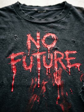 detailed Macro photo of no future graffiti t-shirt design showing abstract micro structural details and textures with professional studio lighting