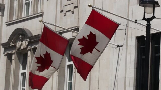 Canadian flags wave outside historic building in central London on a sunny day