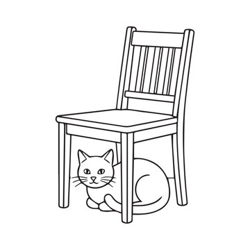 Cute Cat Hiding Under Chair Line Art Vector Design For Coloring Page.