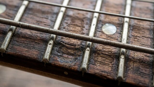 Close-up of worn vintage acoustic guitar wooden fretboard and strings.