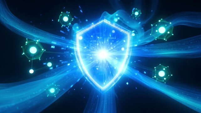 Cyber security protection concept with glowing shield protecting against digital malware viruses
