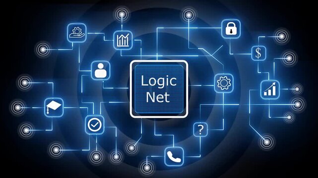 Digital logic net Management Interface with Business Analytics and Finance Icons Animation 4K