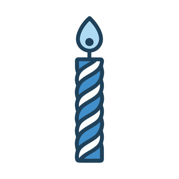 Blue and white striped birthday candle with flame