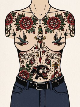 Macro photo of woman's torso with tattoos 2k showing woman's features showing delicate skin pores natural beauty details and high-resolution skin texture with professional studio lighting
