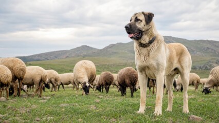 Fototapeta premium Loyal Kangal Shepherd Dog Watching Over Grazing Sheep Herd Across Vast Anatolian Mountain Pasture Under Soft Daylight During Rural Farming Activities