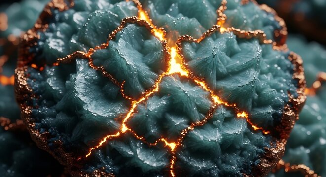 Glowing molten veins within cracked teal mineral geode crystal surface macro texture background