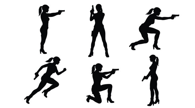 A collection of black silhouettes featuring a female agent holding pistols in various dynamic poses