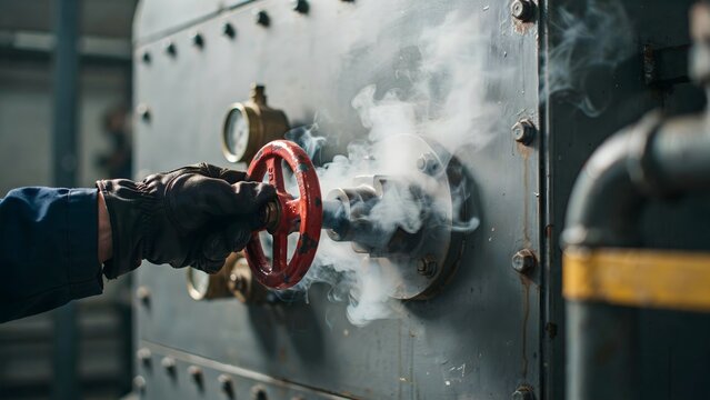 Industrial worker operating safety valve on large boiler with steam release