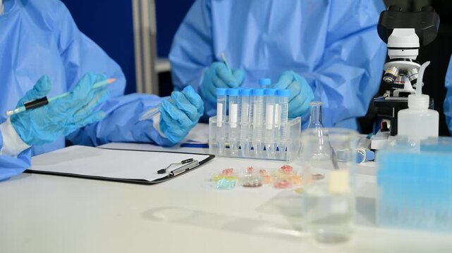 Focused scientists in PPE work together in a modern lab, examining samples and recording critical data for breakthrough research.