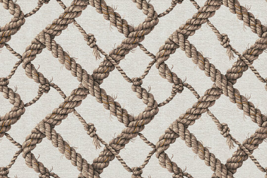 Seamless background, texture featuring a, repeating nautical rope, net pattern with, thick twisted brown, fibers on a, light canvas backdrop