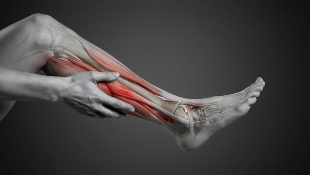 Human lower leg calf muscle anatomy and pain visualization with muscular