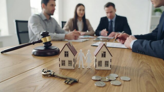 Family law mediation session with gavel and house models mediation settlement