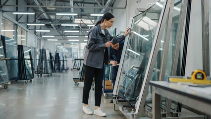 Fototapeta premium Woman Inspecting Glass Windowpane in Large Factory or Warehouse Setting