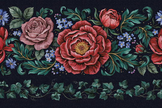 Seamless floral border pattern featuring detailed red peonies, pink roses, blue forget-me-nots, and green ivy leaves on a dark navy background