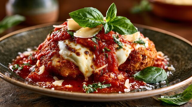 A premium Chicken Parmesan collection featuring crispy breaded chicken, bubbling mozzarella, parmesan shavings, rich marinara sauce, basil leaves, artisan ceramics, Italian textures