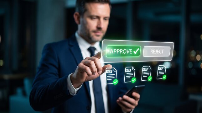 Professional businessman using touch screen interface to approve PDF document files with green check marks in high tech office environment for digital workflow management