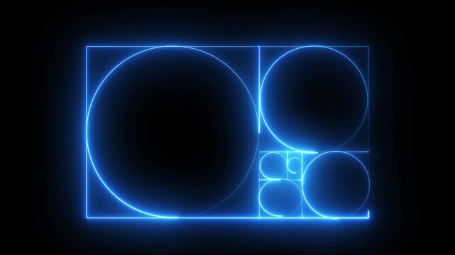 blue Neon Golden Ratio Fibonacci Spiral Abstract Background,Glowing blue Geometric Fibonacci Sequence Mathematical Illustration,Futuristic Golden Section Mathematical Proportions Graphic