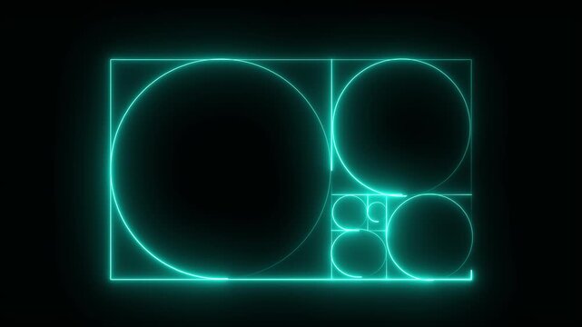 cyan Neon Golden Ratio Fibonacci Spiral Abstract Background,Glowing cyan Geometric Fibonacci Sequence Mathematical Illustration,Futuristic Golden Section Mathematical Proportions Graphic