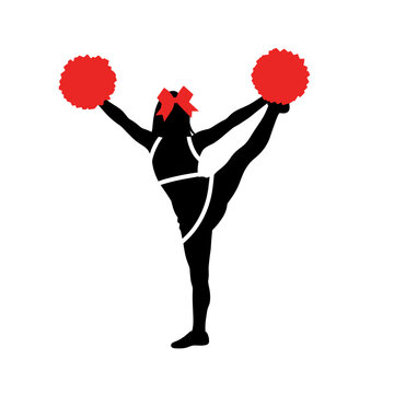 Cheerleader silhouette performing high kick with red pom-poms