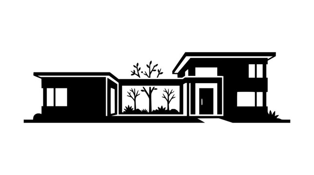 Minimalist Modern House Silhouette Illustration with Trees and Courtyard