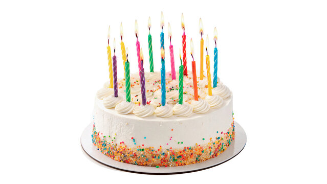Large delicious birthday cake decorated with colorful burning candles isolated on transparent background cut out