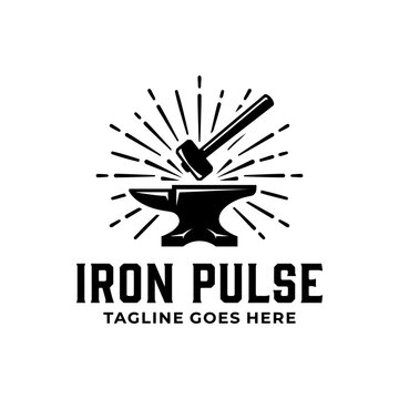 Classic forge logo featuring a hammer striking an anvil to symbolize craftsmanship and industrial strength.