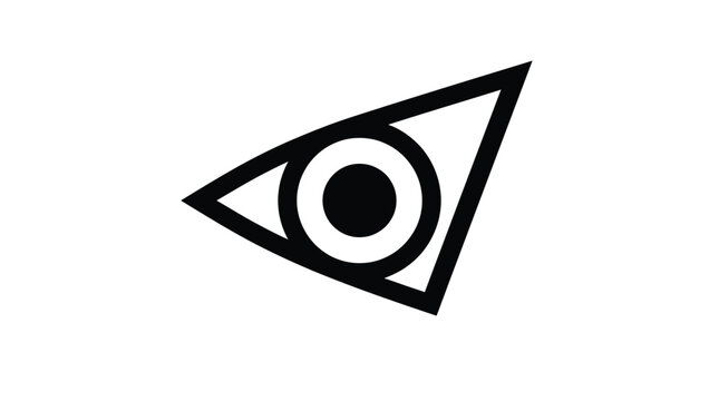 A bold black and white minimalist triangular eye icon with sharp edges and geometric symmetry