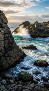 Dramatic coastal cliffs with crashing waves at sunset.