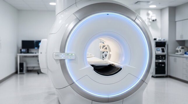 Futuristic MRI scanner machine in a clean hospital room, advanced magnetic resonance imaging technology for patient diagnosis and health care treatment procedures.