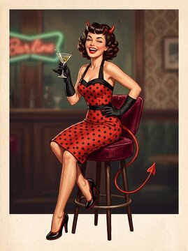detailed Macro photo of laughing devil girl holding martini showing abstract micro structural details and textures with professional studio lighting
